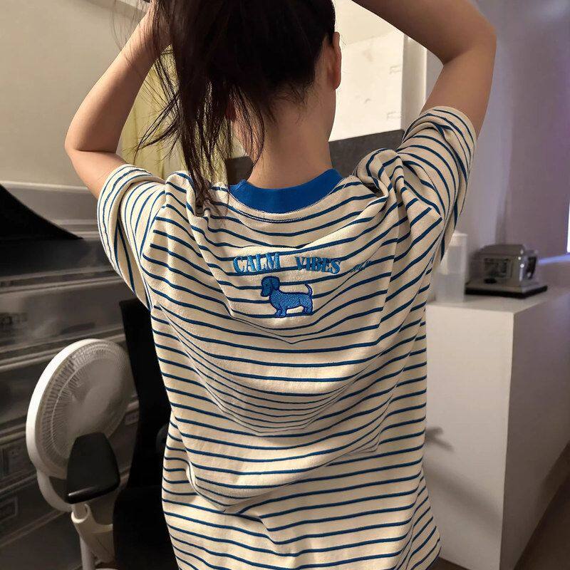 港味刺绣小狗条纹短袖t恤女夏季2026新款宽松慵懒休闲上衣ins