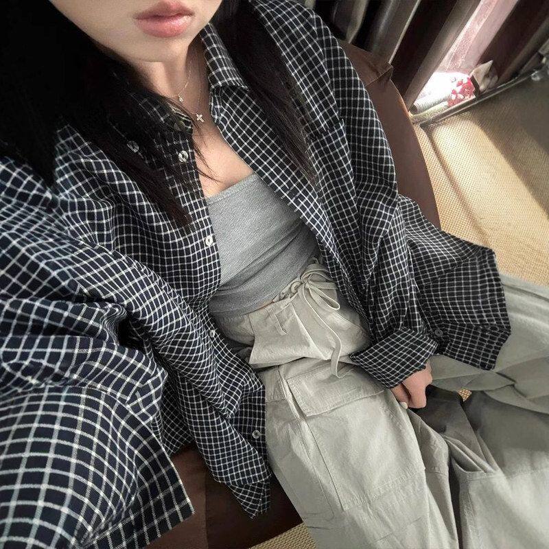 黑色格子长袖衬衫女秋夏翻领薄款新款韩式慵懒风宽松休闲衬衣外套