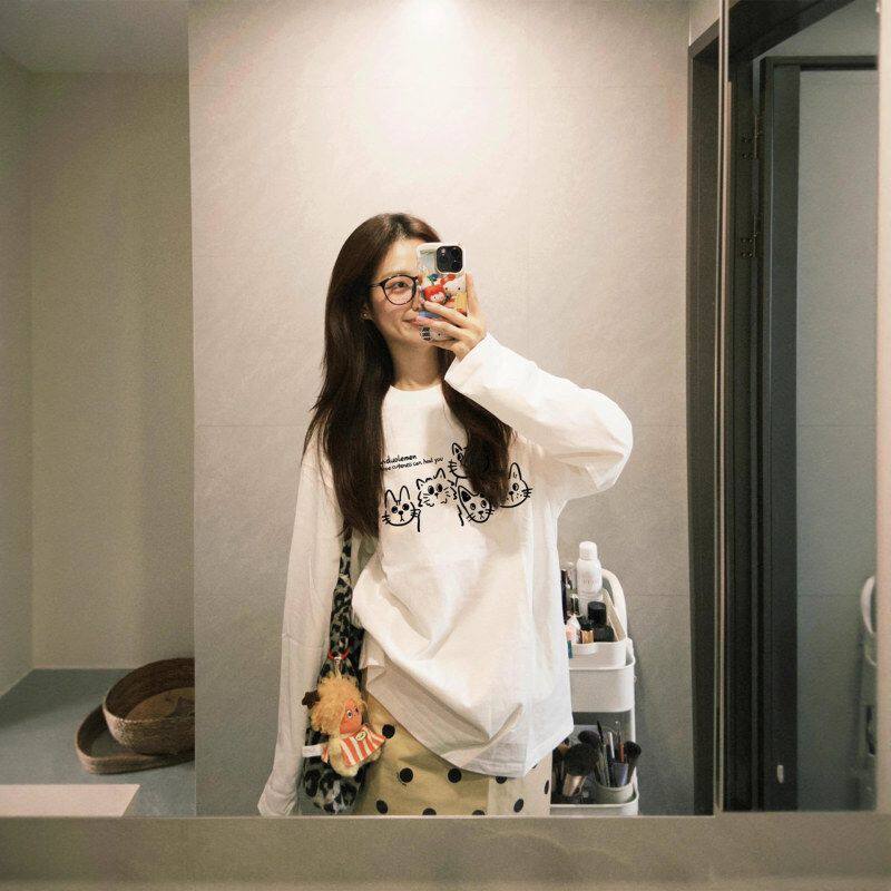 胖mm纯棉白色正肩大码长袖t恤女宽松圆领内搭打底衫秋季新款上衣