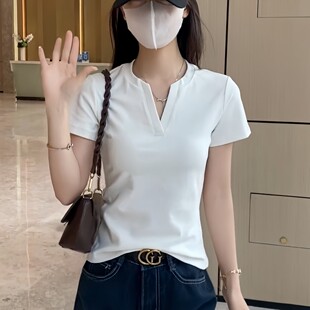 白色正肩纯棉V领t恤女短袖2026夏季新款修身显瘦打底衫设计感上衣
