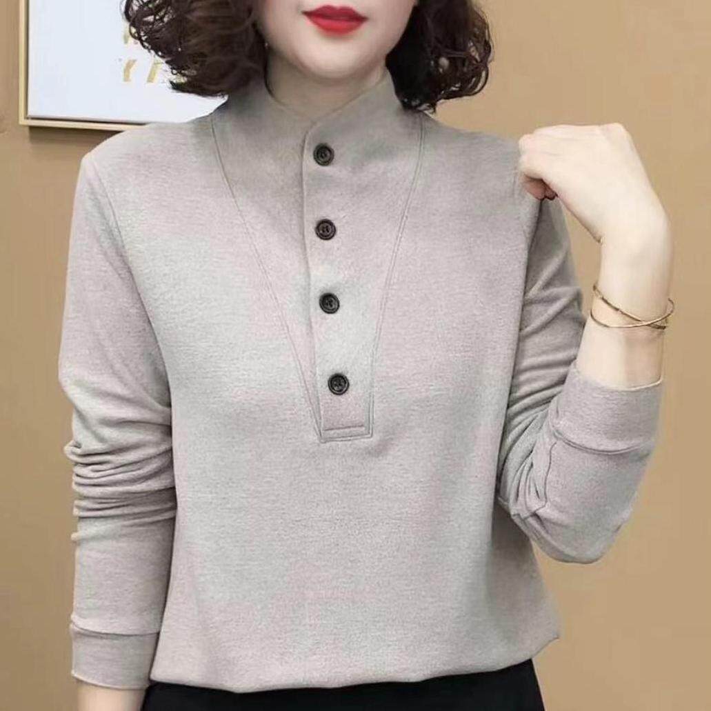 加厚德绒打底衫女半高领秋冬季2025新款纽扣立领洋气内搭保暖上衣