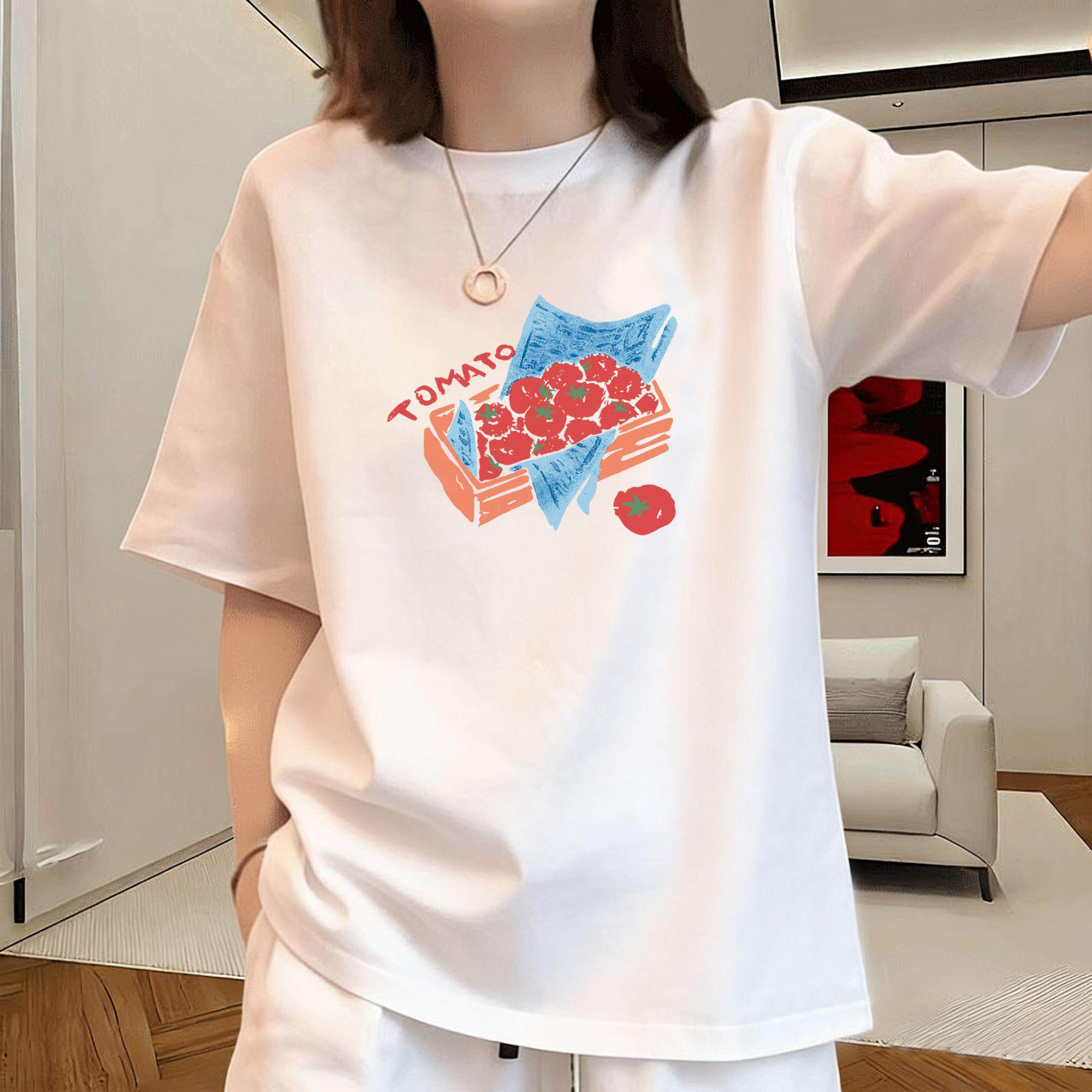 高品质纯棉t恤女短袖夏季2026新款宽松大码遮肚显瘦洋气印花上衣