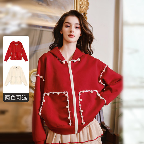 FLONAKED设计师红色/杏色珍珠织带宽松卫衣外套小众设计