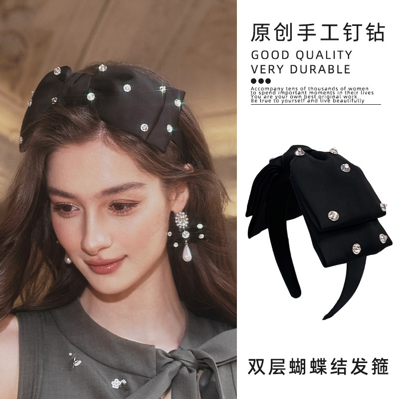 FLONAKED设计师手工水钻双层大蝴蝶结黑色发箍小众