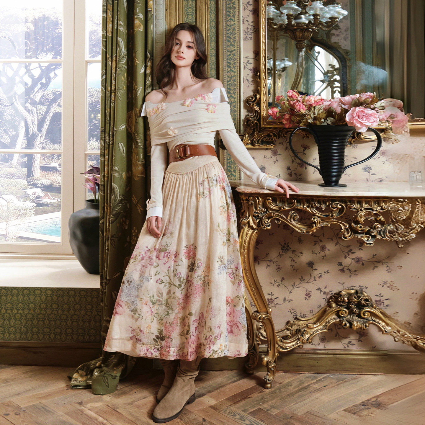 FLONAKED香槟粉羊毛混纺假两件花朵上衣植庭定位印花天丝麻半裙