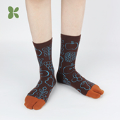 Knapfold线条蔬果秋冬分趾袜咖色中筒五指袜纯棉ins个性 复古透气