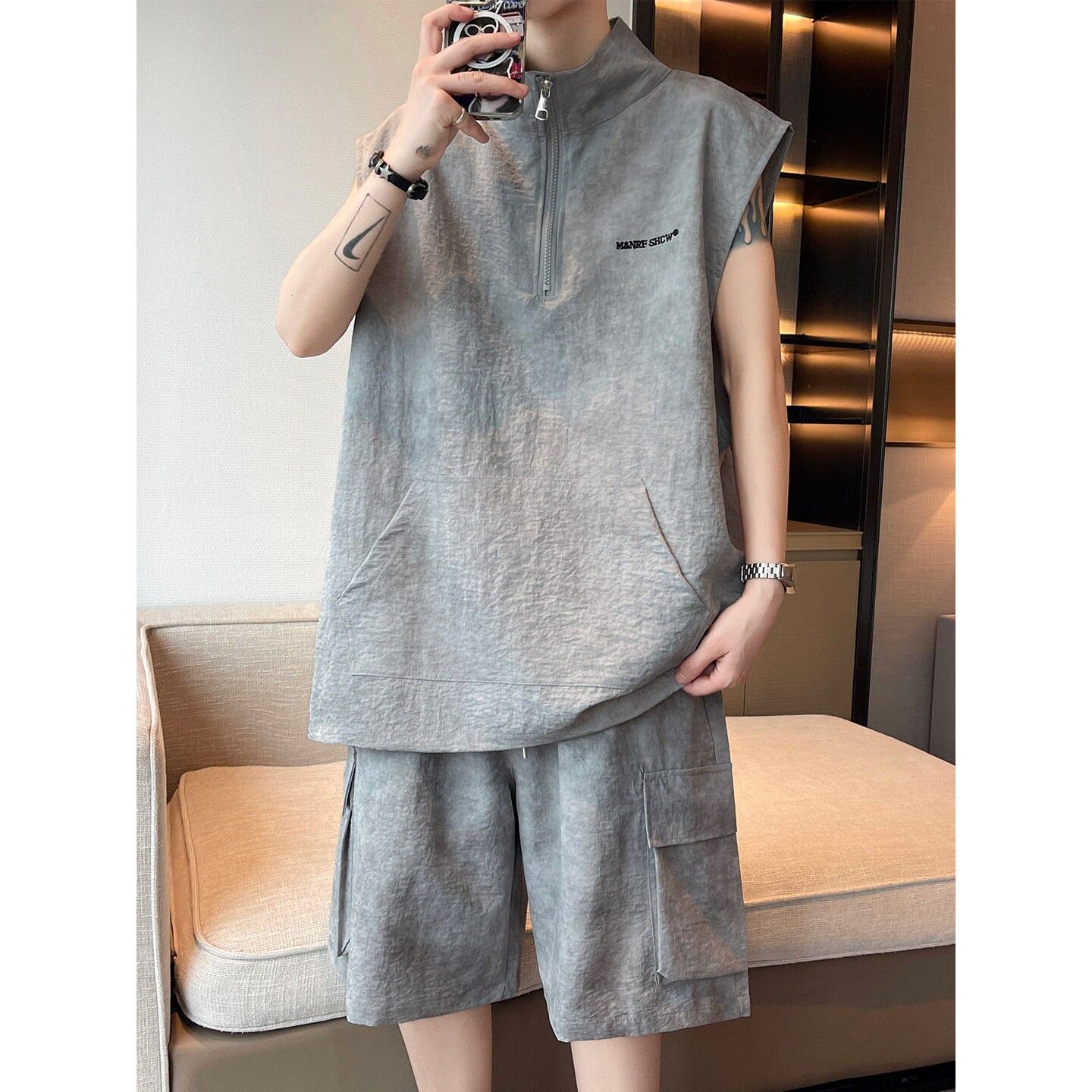 冰丝套装男士夏季半拉链坎肩无袖t恤青少年背心短袖篮球休闲短裤