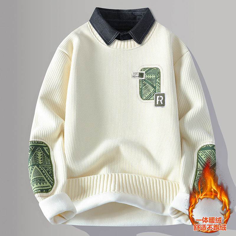 青少年假两件一体绒卫衣男帅气初中学生衬衫领高中生设计感打底衫