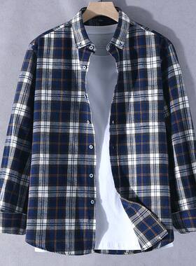 长袖衬衫男黑白大格子100%纯棉初中高中学生春季衬衣服青少年外套