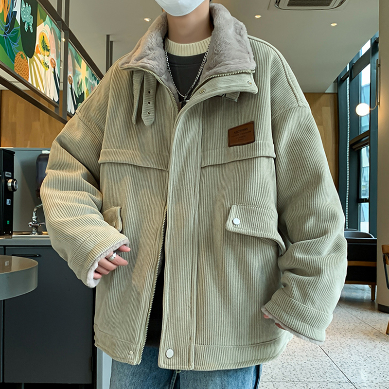 灯芯绒夹克男秋冬季新款加绒加厚翻领工装棉衣青少年保暖冬装外套