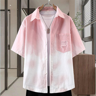 渐变色纯棉短袖衬衫男生夏季潮牌港风半袖衬衣青少年薄款休闲外套