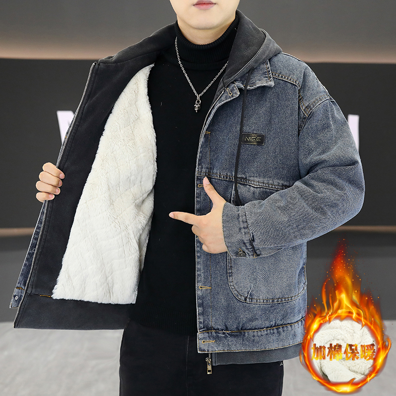 秋冬季加绒加厚夹克男连帽假两件保暖棉衣冬装设计感牛仔棉袄外套