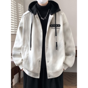 休闲风外套春秋冬季可拆卸帽夹克男款潮牌假两件春装美式复古衣服