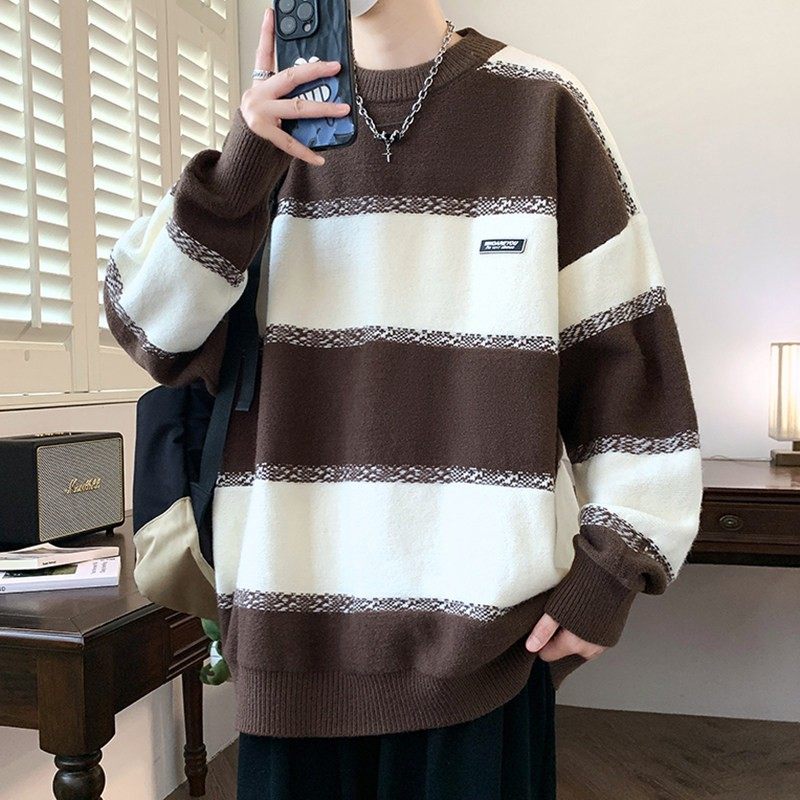 条纹毛衣男秋冬季潮牌青少年高中学生高级感针织衫宽松毛线衣外套,运动服/休闲服装,跑步套装,淘宝优惠券,粉丝福利购,淘宝优惠卷