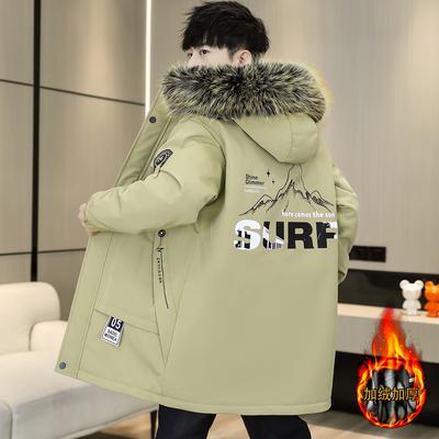 派克服男款冬季2025新款潮流休闲连帽中长款加绒加厚连帽棉衣棉服