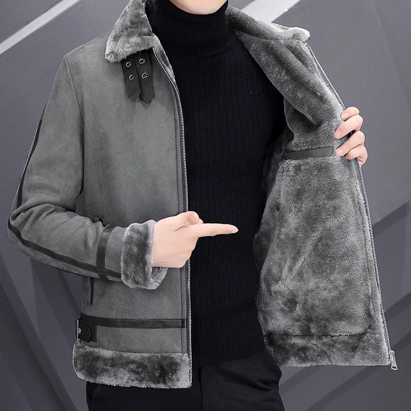 新款秋冬季加绒加厚男士皮毛一体外套派克服潮牌棉衣服冬装棉袄子