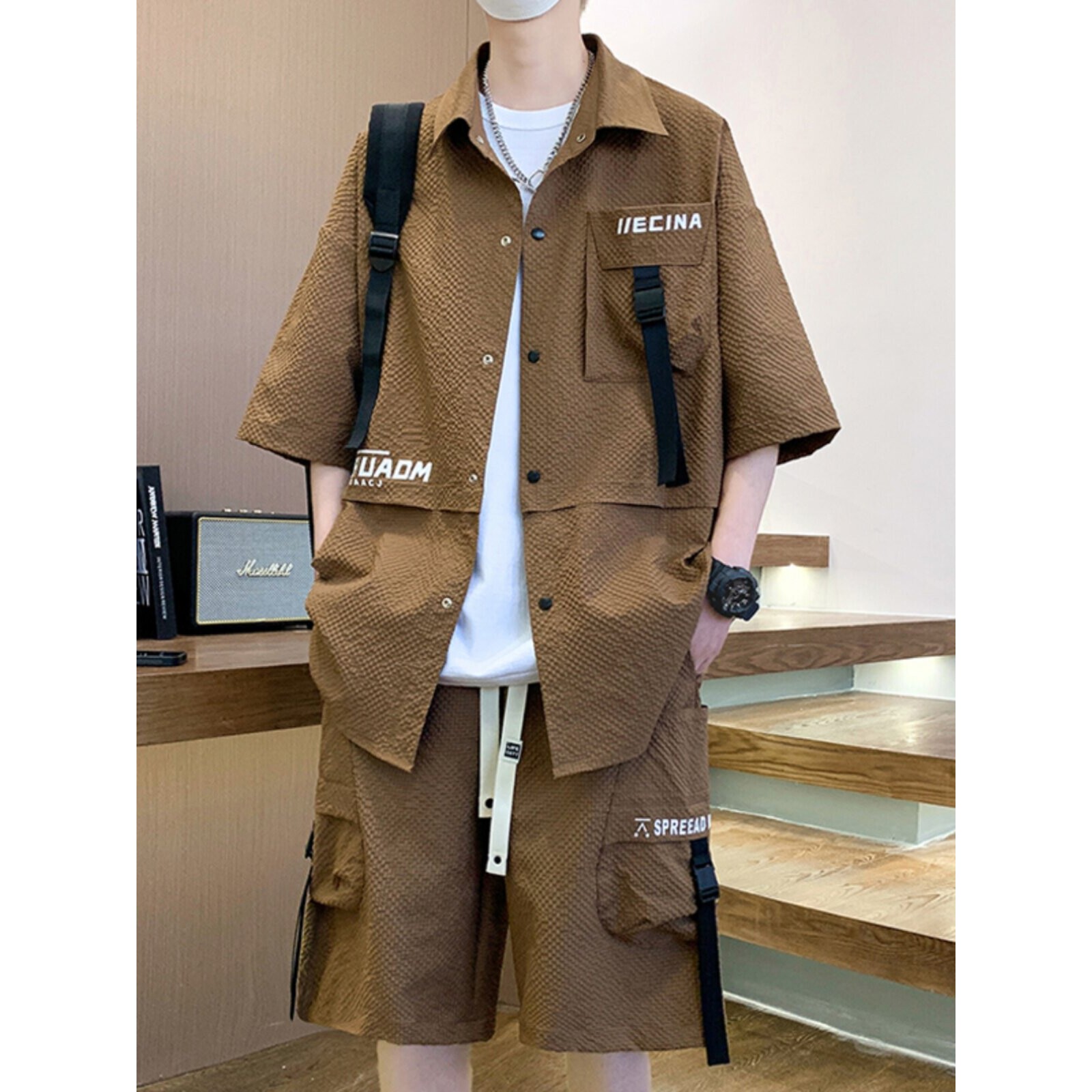 五分袖衬衫套装男夏季短袖短裤两件套男装衬衣休闲穿搭一整套衣服