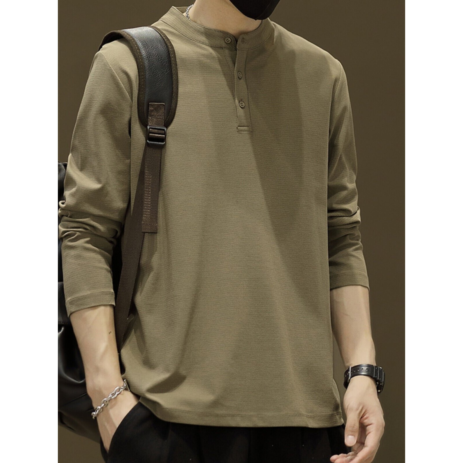 立领长袖t恤男士春秋季薄款美式上衣服秋冬加绒亨利领polo打底衫