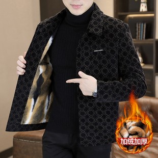 秋冬季毛呢大衣男短款加绒加厚格子翻领韩版高端保暖呢子夹克外套
