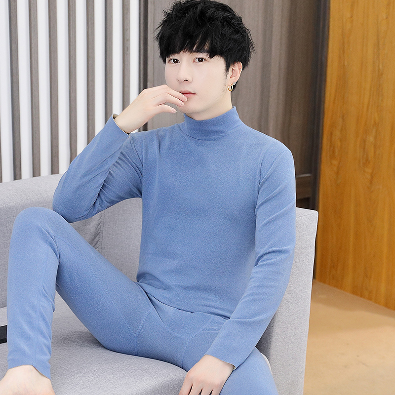 双面德绒保暖内衣男款青少年半高领打底衫高中生加绒秋衣秋裤套装