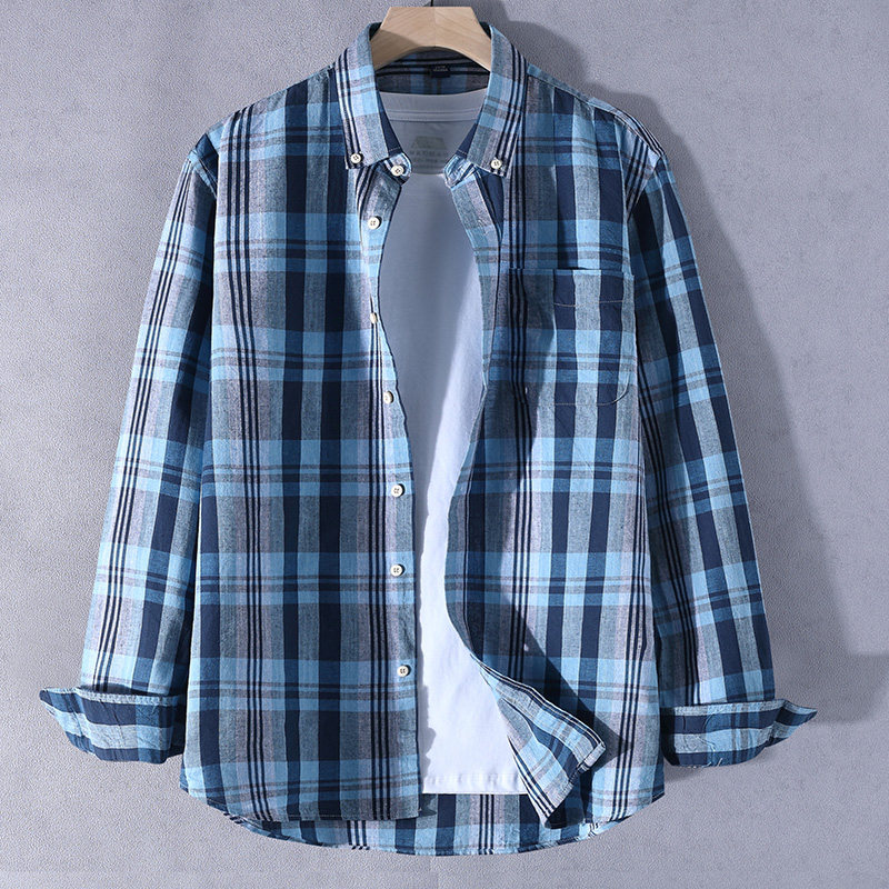 格子长袖衬衫男100%纯棉蓝色春夏防晒外套青少年中学生大童衬衣服