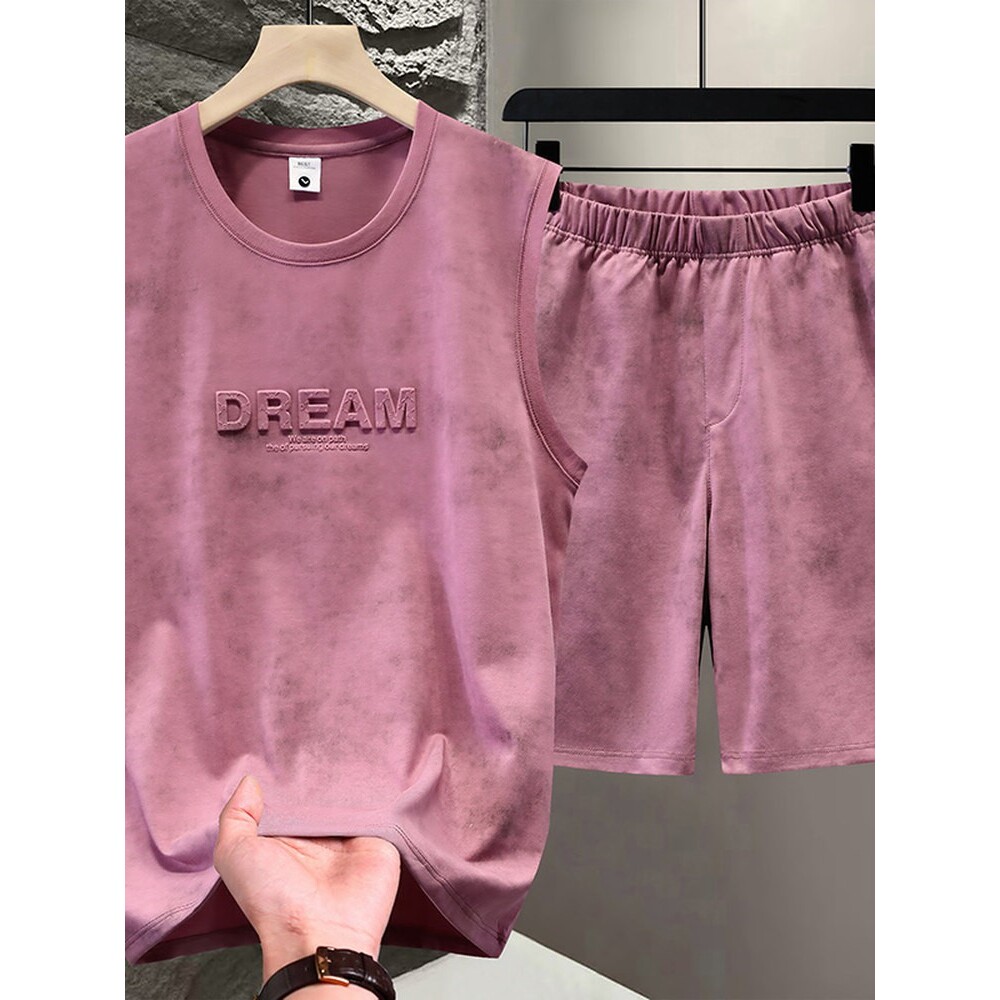 扎染男士短袖短裤套装2026新款夏季凹凸钢印运动T坎肩背心无袖t恤