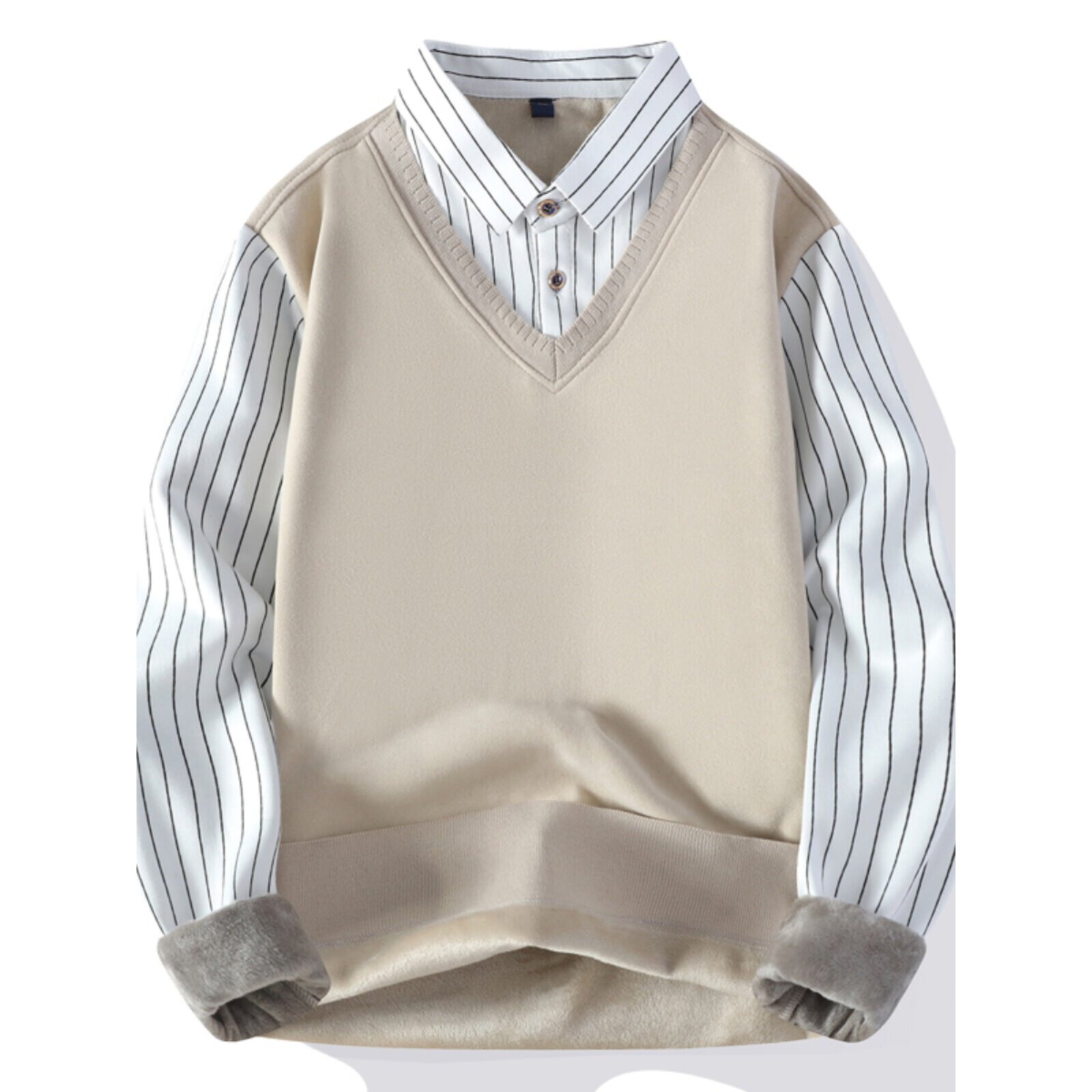 假两件衬衫领加绒毛衣男士秋冬季保暖条纹拼接长袖衬衣内搭线衣服