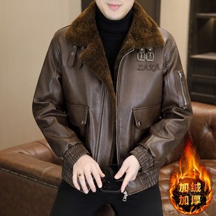 皮毛一体毛领皮衣男2025冬季新款加绒加厚保暖短款复古皮夹克外套