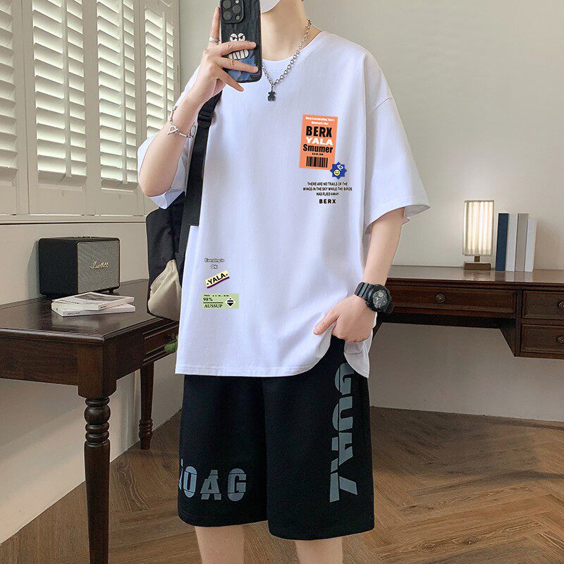 夏季纯棉青少年短袖t恤男2025新款大童潮流帅气初中学生运动套装