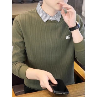 重磅假两件卫衣男春秋冬季潮牌内搭长袖T恤加绒衬衫领打底衫上衣