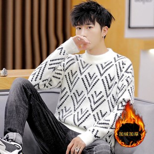 2025秋冬季加绒加厚半高领毛衣男士韩版潮流套头保暖针织打底衫男