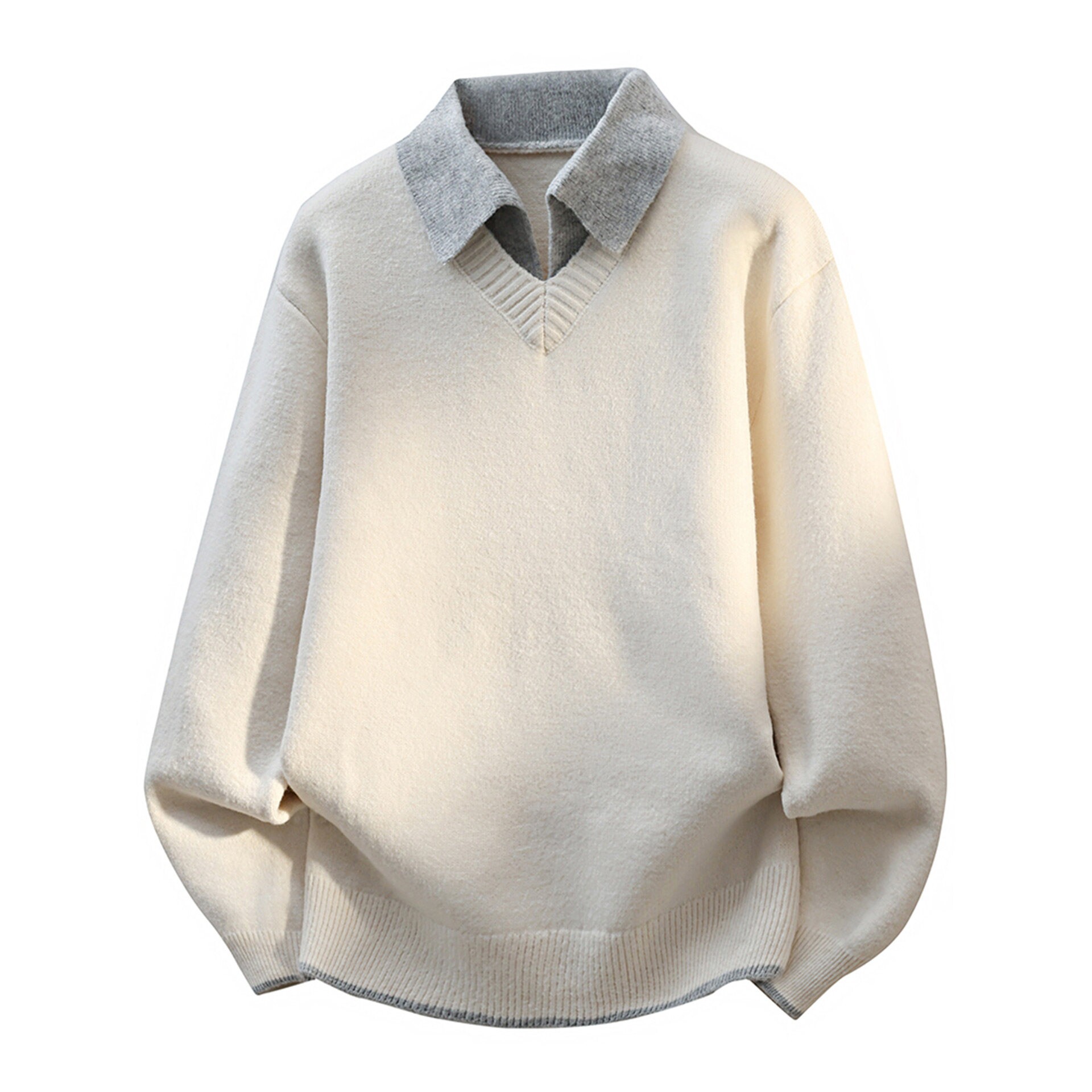 假两件v领毛衣男士秋冬季潮流复古翻领针织衫男生慵懒风线衣外套