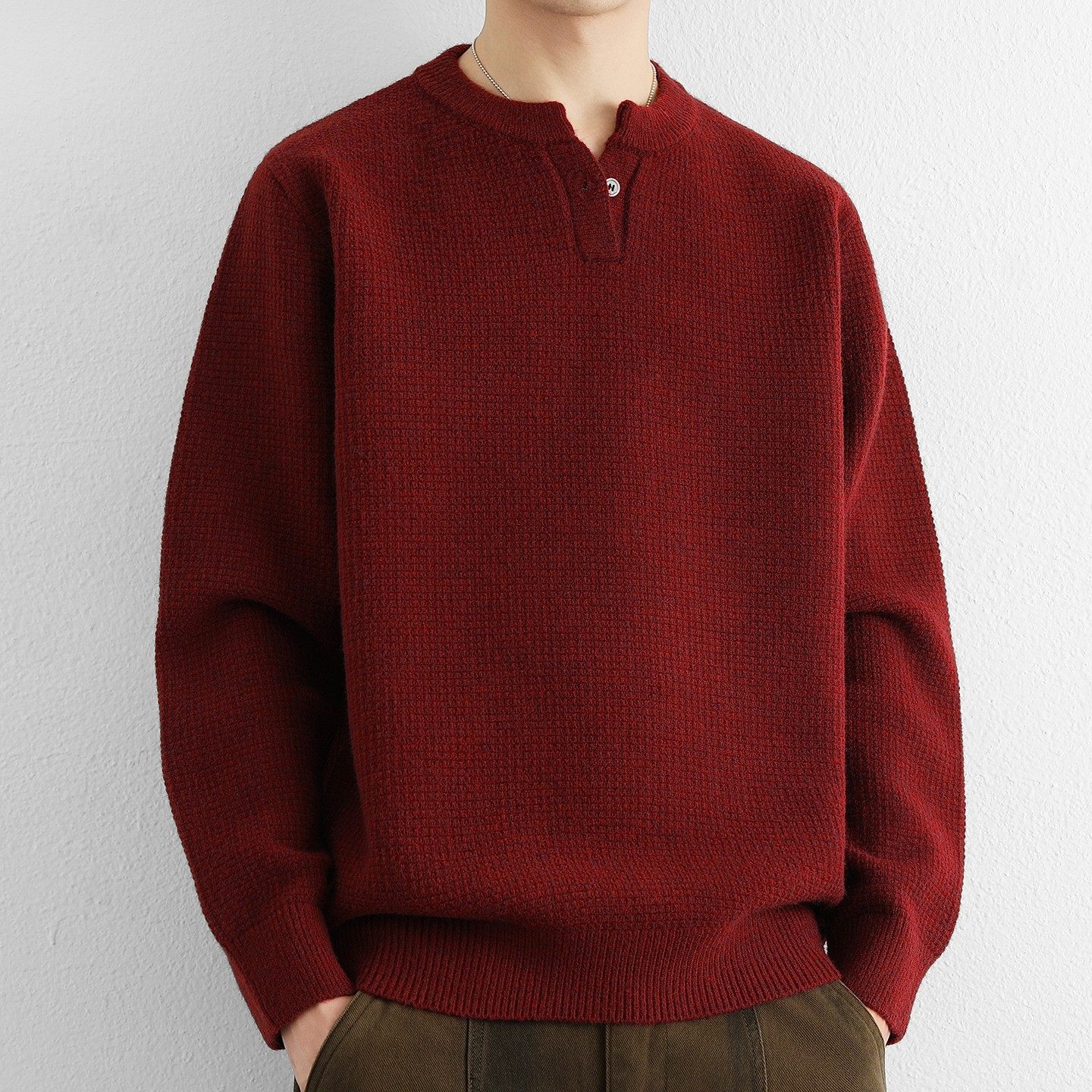 大红色毛衣男士秋冬季v领本命马年美式宽松慵懒风加厚打底针织衫