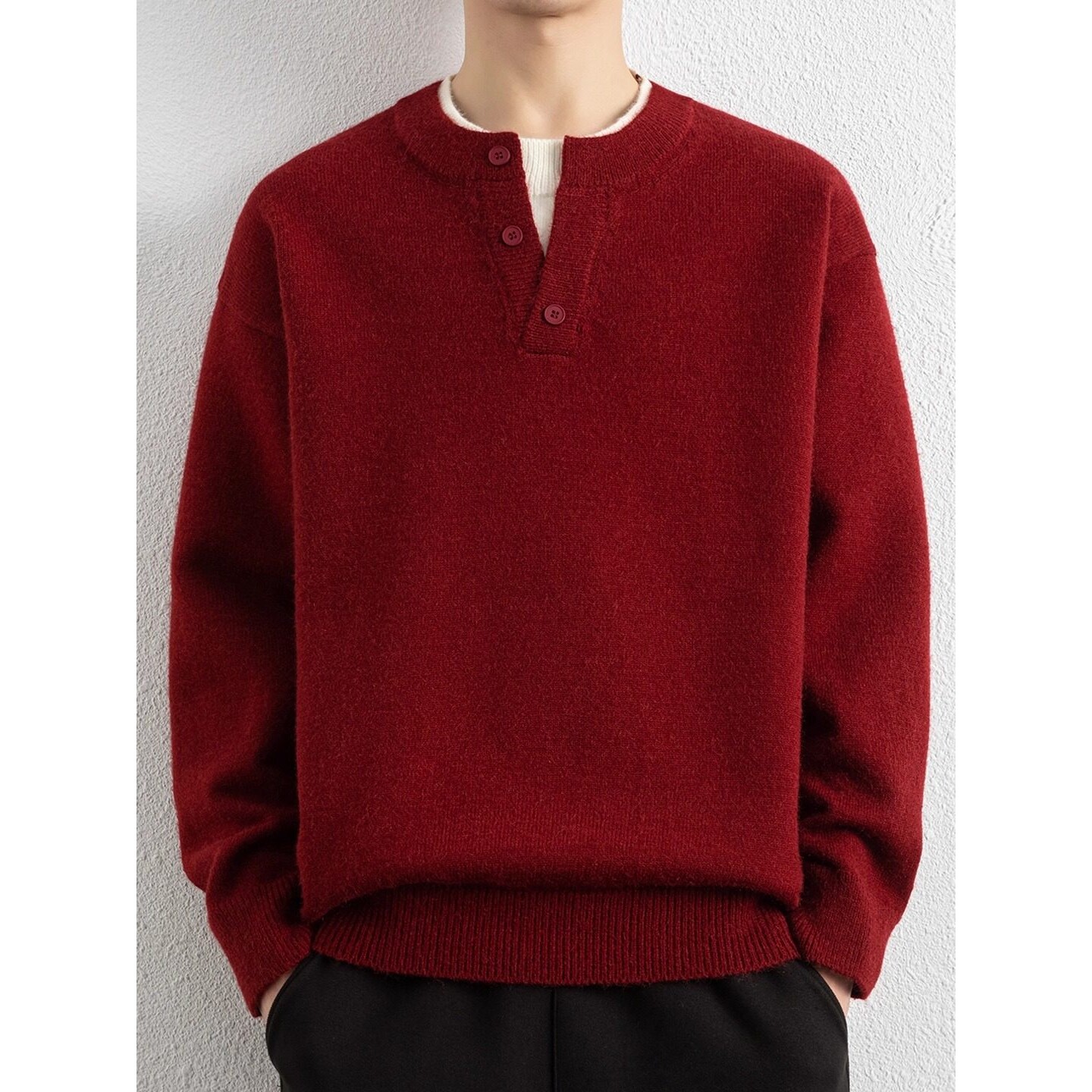 大红色毛衣男秋冬季假两件本命马年加绒宽松慵懒风加厚打底针织衫