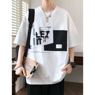 短袖男潮牌潮流个性拼接五分半袖男生夏季新款圆领宽松t恤上衣服