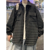 百搭衣服青少年宽松美式 翻领工装 风外套男 新款 细格纹夹克男春秋季