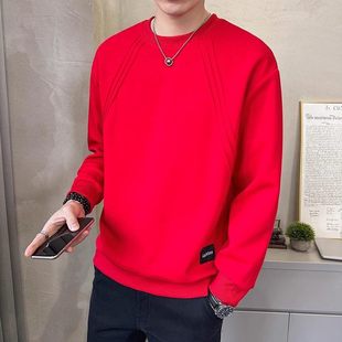 本命年红色卫衣男士春秋季潮牌宽松休闲长袖T恤男圆领打底衫上衣