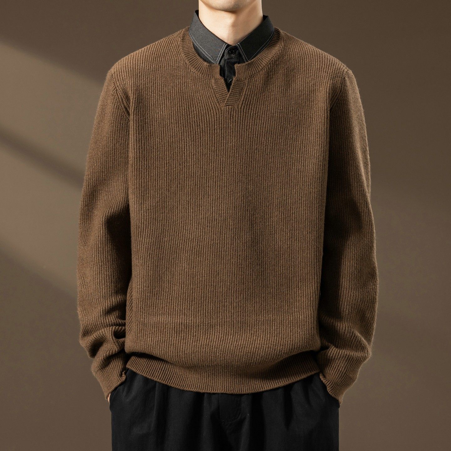 高端假两件毛衣男士秋冬季潮流宽松保暖保暖上衣衬衫领打底针织衫,运动服/休闲服装,跑步套装,淘宝优惠券,粉丝福利购,淘宝优惠卷