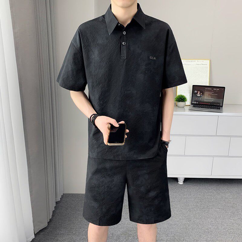 冰丝Polo衫男士休闲套装夏季潮牌翻领上衣短裤短袖t恤薄款两件套