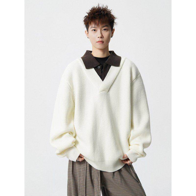 美式假两件polo领撞色针织衫男冬季潮牌慵懒宽松休闲保暖加厚毛衣