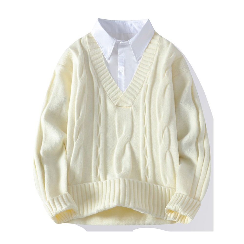 白色衬衫领毛衣男秋冬款潮牌假两件针织衫男高级感宽松毛线衣外套