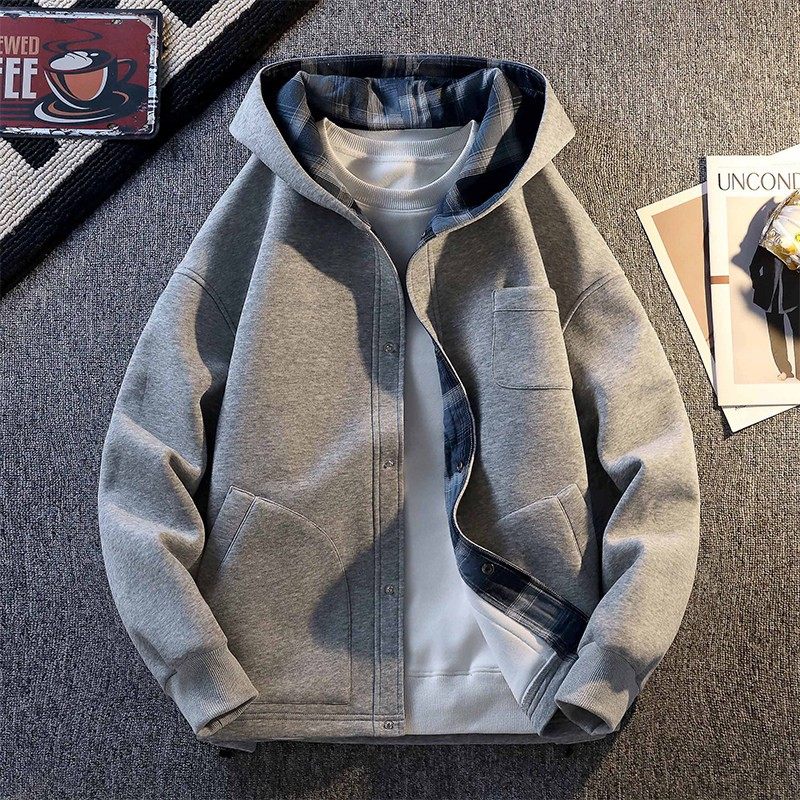 秋冬季连帽卫衣外套男日系复古纯色格纹开衫男装休闲宽松秋装上衣,运动服/休闲服装,跑步套装,淘宝优惠券,粉丝福利购,淘宝优惠卷