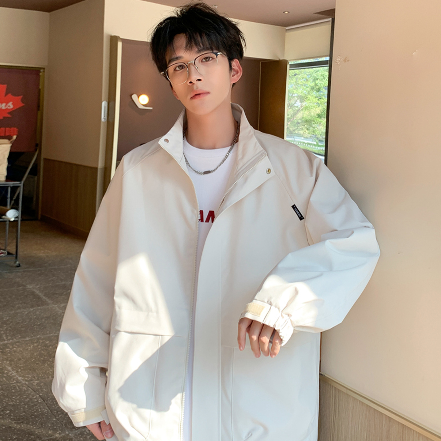 立领夹克男春秋季2025新款简约休闲风衣服潮牌宽松青少年工装外套