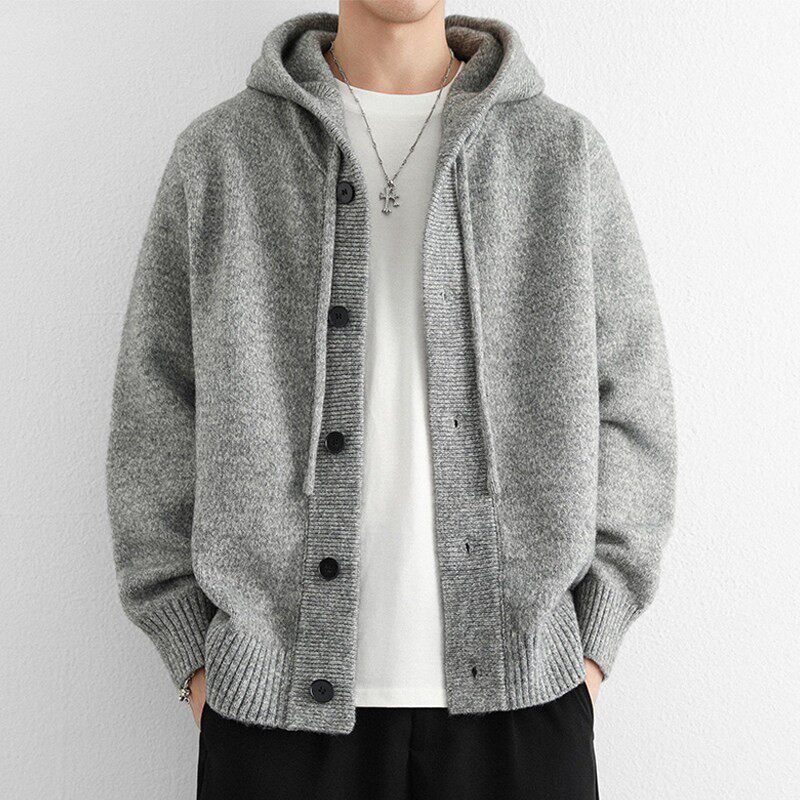 连帽针织开衫外套男秋季2026新款高级感宽松慵懒风休闲毛衣夹克