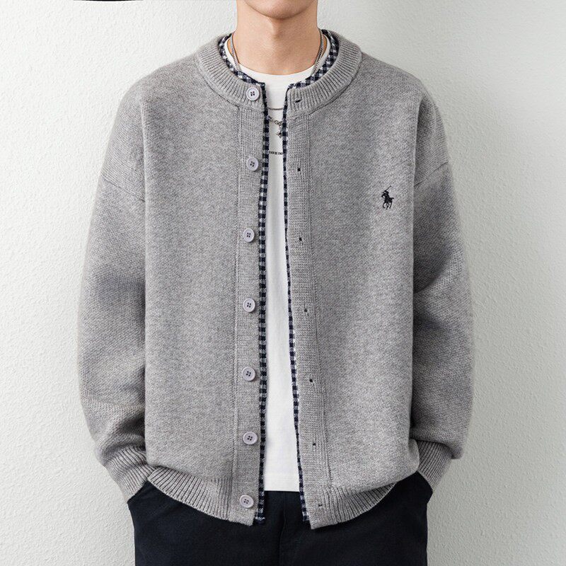 假两件针织衫开衫外套男保罗刺绣2025秋冬新款毛衣休闲格子拼接潮