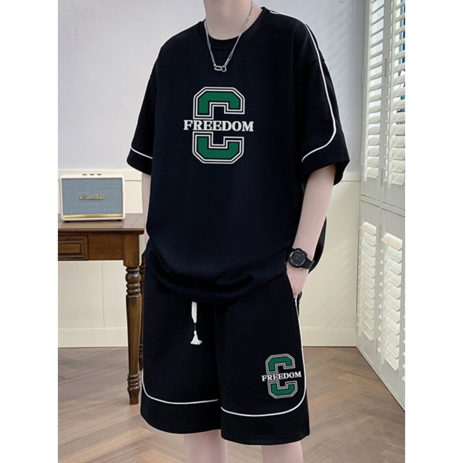 夏季青少年运动套装初高中学生t恤男装潮流帅气宽松休闲短袖一套