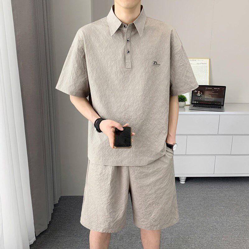 冰丝Polo衫男士休闲套装夏季潮牌翻领上衣短裤短袖t恤薄款两件套