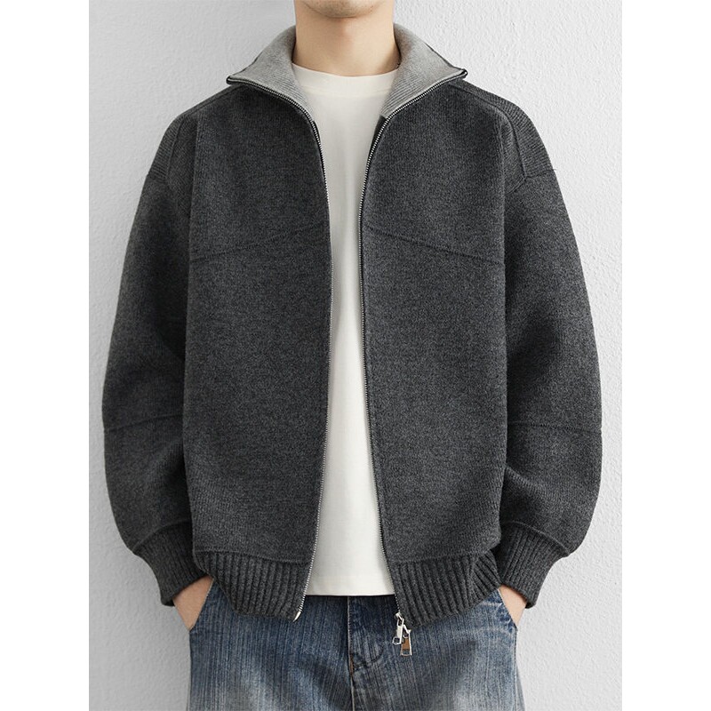 双拉链针织开衫男款春秋季新款撞色翻领外套男青年高级感复古毛衣