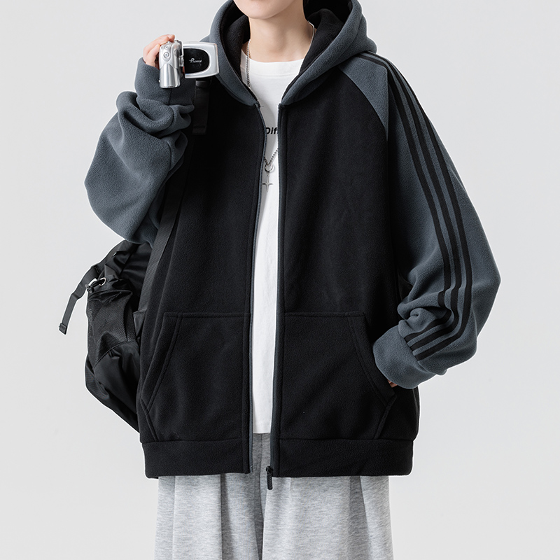 摇粒绒外套男秋冬季慵懒风条纹运动服学生港风青少年拉链连帽卫衣