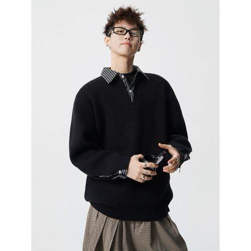 假两件格子拼接衬衫领毛衣男秋冬季加肥大码潮牌宽松高级感针织衫